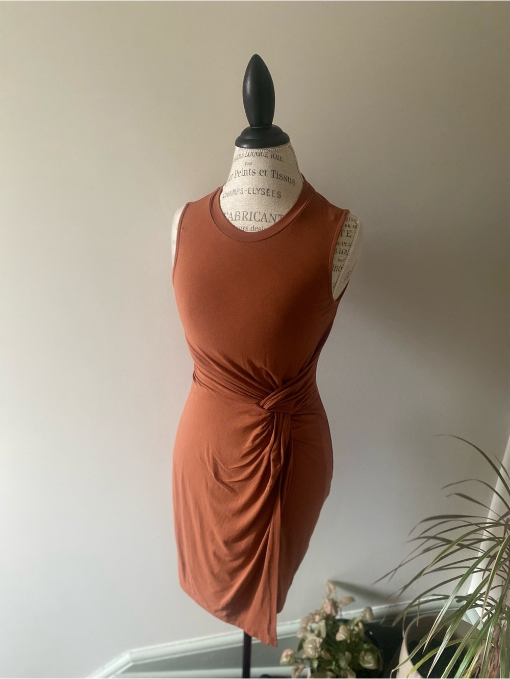 Cinnamon Brown Minimal Chic Knot-Detail Sleeveless Body conturing Mini Dress